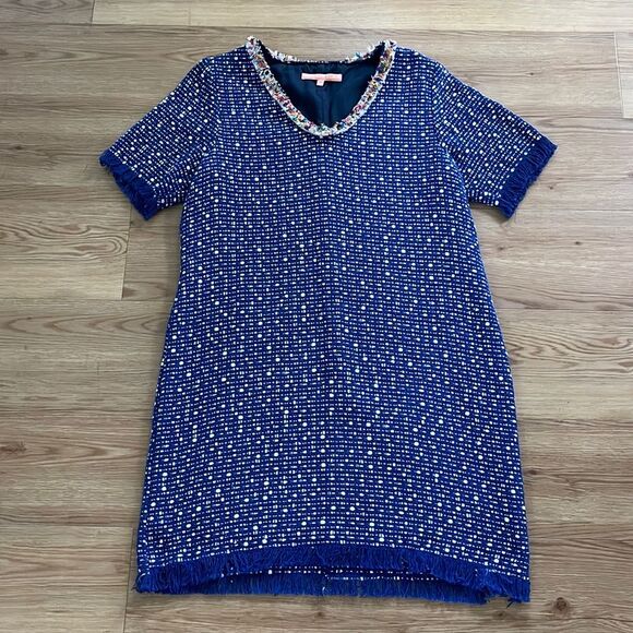 Vilagallo Womens Blue Tweed Fringe Hem Dress Size 44 Classic Office Workwear - Picture 2 of 7